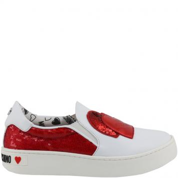 Pre Owned Love Moschino White/Red Faux Leather and Sequins Slip On Sneakers Size 38