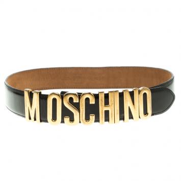 Pre Owned Moschino Glossy Black Leather Redwall Logo Belt 100cm