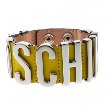 Pre Owned Moschino Silver Tone Logo Plaque Yellow Leather Cuff Bracelet