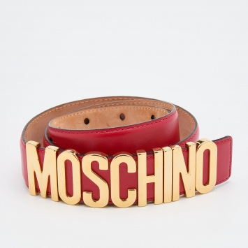 Pre Owned Moschino Red Leather Logo Belt 85CM