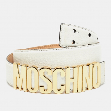 Pre Owned Moschino White Leather Classic Logo Waist Belt 