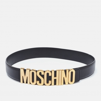 Pre Owned Moschino Black Leather Classic Logo Wait Belt Size 75CM
