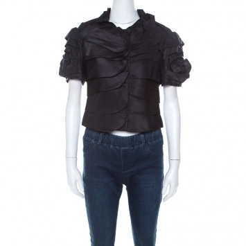 Pre Owned Moschino Black Ruffle Satin Crepe Short Sleeve Blouse  S