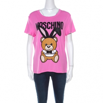 Pre Owned Moschino Pink Teddy Bear Printed & Embroidered Jersey T-shirt L