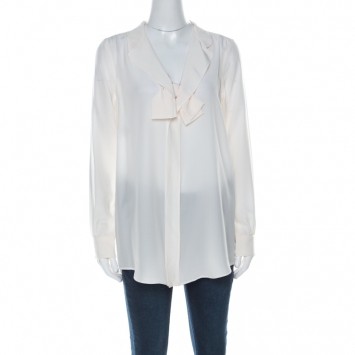 Pre Owned Moschino Cream Silk Crepe de Chine Bow Detail Long Sleeve Blouse M