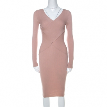 Pre Owned Moschino Dusty Pink Rib Knit Wrap Bodice Long Sleeve Midi Dress M