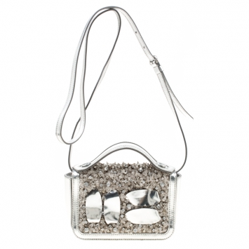 Pre Owned Moschino Silver Laminated Leather Crystal Embellished Shoulder Bag