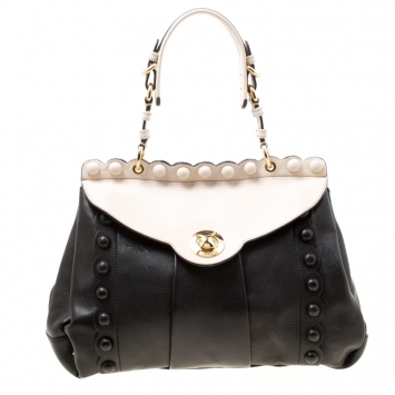 Pre Owned Moschino Black/Beige Leather Satchel 