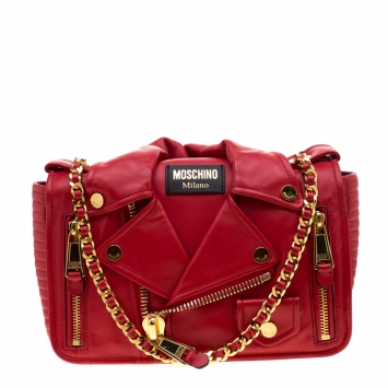Pre Owned Moschino Red Leather Capsule Biker Jacket Shoulder Bag 