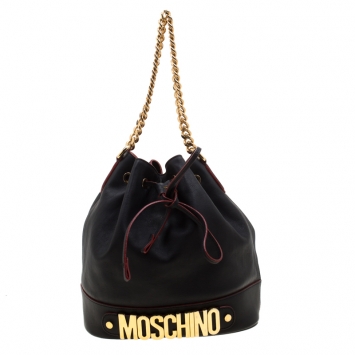 Pre Owned Moschino Black Leather Logo Drawstring Bucket  Bag