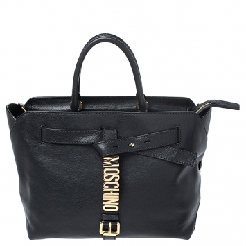 Pre Owned Moschino Black Leather Logo Buckle Tote 