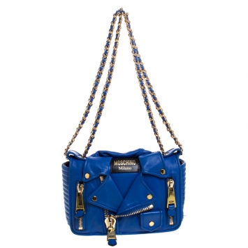 Pre Owned Moschino Blue Leather Capsule Biker Jacket Shoulder Bag