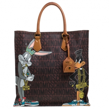 Pre Owned Moschino Brown Bugs Bunny and Duffy Duck Printed Shopper Tote
