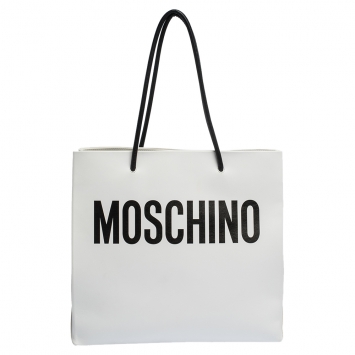 Pre Owned Moschino White/Black Leather Logo Shopping Tote
