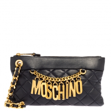 Pre Owned Moschino Navy Blue Quilted Leather Charms Wristlet Clutch
