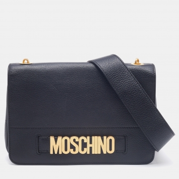 Pre Owned Moschino Black Leather Logo Flap Crossbody Bag