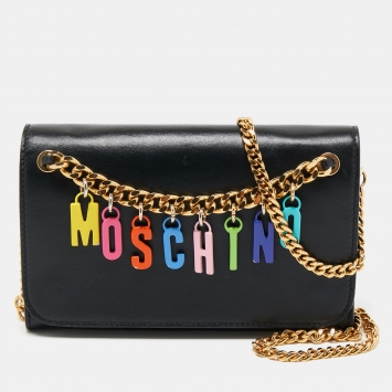 Pre Owned Moschino Black Leather Lettering Charm Wallet on Chain