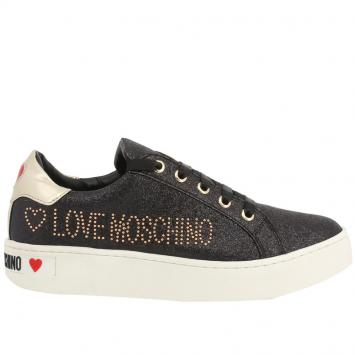 Pre Owned Love Moschino Black Glitter Fabric Lace Up Sneakers Size 40