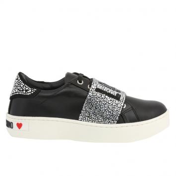 Pre Owned Love Moschino Black Glitter Faux Leather Platform Sneakers Size 40