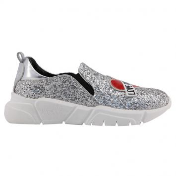 Pre Owned Love Moschino Metallic Grey Glitter and Faux Leather Slip On Sneakers  Size 37