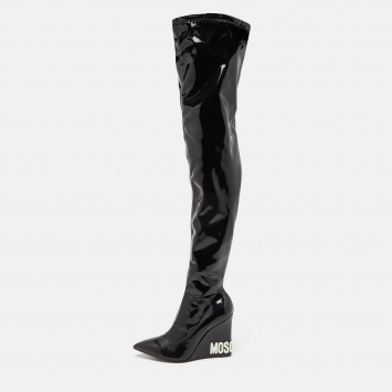 Pre Owned Moschino Black Leather Patent Over The Kee Length Wedge Boots Size 40