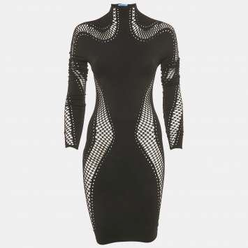Pre Owned Mugler Black Nylon Knit Perforated Detail High Neck Bodycon Dress S