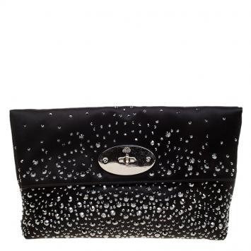 Pre Owned Mulberry Black Satin Embellished Clemmie Foldover Clutch