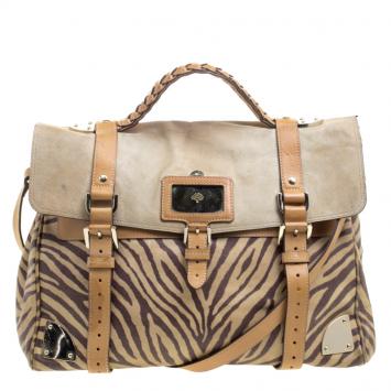 Pre Owned Mulberry Beige Zebra Printed Leather Travel Day Satchel