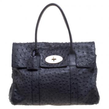 Pre Owned Mulberry Navy Blue Ostrich Leather Bayswater Satchel