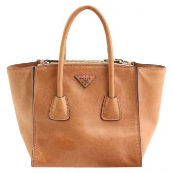 Pre Owned Prada Camel Glace Calfskin Leather Twin Pocket Double Handle Tote