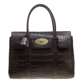 Pre Owned Mulberry Dark Brown Croc Embossed Leather Bayswater Satchel