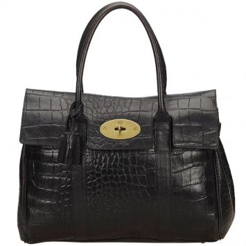 Pre Owned Mulberry Black Croc Embossed Leather Bayswater Bag