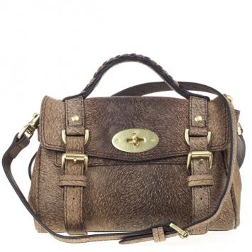 Pre Owned Mulberry Mini Bark Brown Furry Print Alexa Bag
