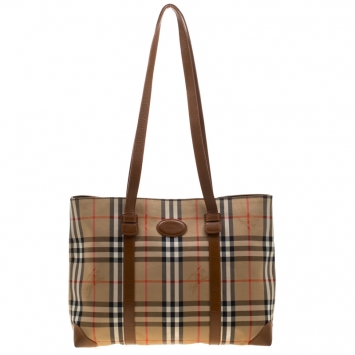 Pre Owned Burberry Beige/Brown Canvas and Leather Vintage Haymarket Check Tote