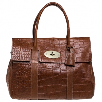 Pre Owned Mulberry Brown Croc Embossed Leather Bayswater Satchel