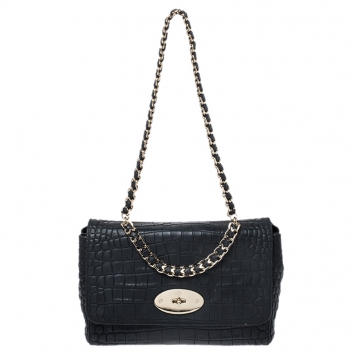 Pre Owned Mulberry Black Croc Embossed Leather Medium Lily Shoulder Bag