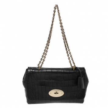 Pre Owned Mulberry Black Croc Embossed Leather Medium Lily Shoulder Bag