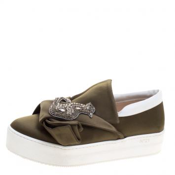 Pre Owned N21 Olive Green Satin Crystal Embellished Bow Slip on Sneakers Size 39