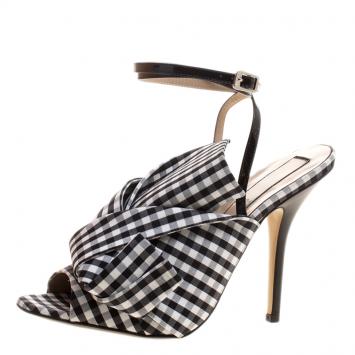 Pre Owned N°21 Monochrome Checkered Knotted Fabric Gingham Ankle Wrap Peep Toe Sandals Size 40