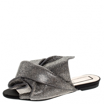 Pre Owned N21 Metallic Brown Leather Crystal Embellished Bow Mules Size 36