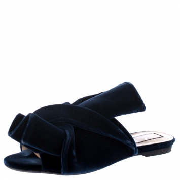 Pre Owned N21 Dark Blue Velvet Knot Flat Mules Size 38