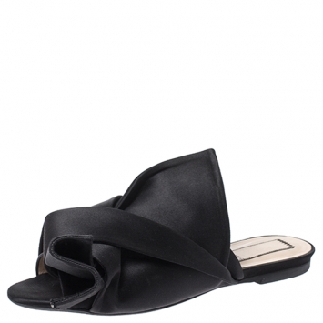 Pre Owned N21 Black Satin Knot Flat Slip On Mules Size 38