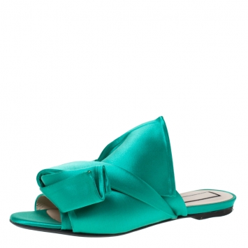 Pre Owned N21 Green Satin Knot Flat Mules Size 39.5