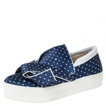 Pre Owned N21 Blue/White Polka Dot Satin Knot Slip On Sneakers Size 41