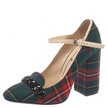 Pre Owned N21 Green Check Fabric Mary Jane Pumps Size 38.5