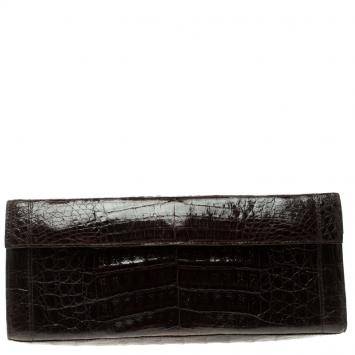 Pre Owned Nancy Gonzalez Dark Brown Crocodile Flap Clutch