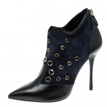 Pre Owned Nicholas Kirkwood Navy Blue Crystal Embellished Suede and Leather Pointed Toe Ankle Boots Size 39