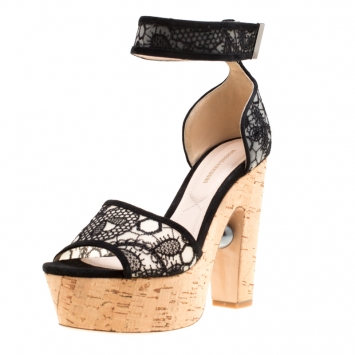 مملوكة مسبقًا Nicholas Kirkwood Black Lace Maya Pearl Platform Ankle Strap Sandals Size 38