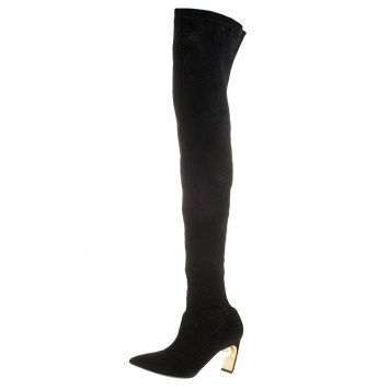 Pre Owned Nicholas Kirkwood Black Stretch Suede Maeva Faux Pearl Embellished Heel Over The Knee Boots Size 41