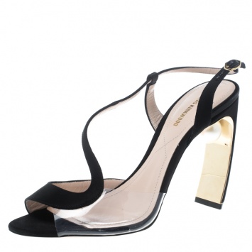 مملوكة مسبقًا Nicholas Kirkwood Black Satin and PVC Maeva Faux Pearl Embellished Peep Toe Sandals Size 39